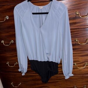 Elegant Blue grey Wrap Blouse bodysuit with pleat shoulder detailing